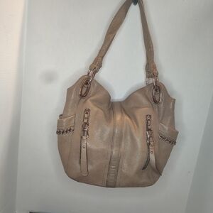 B. Makowsky Large Taupe Leather Shoulder Bag with Rose Gold Details